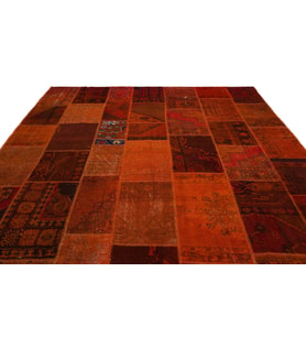 Turuncu Halı Yün El Dokuma Patchwork Desenli Eskitme Salon Halısı Etnik Tarz Koridor