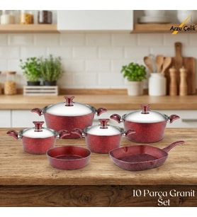 ARZU ÇELİK 10 Parça Granit Set Çelik Kapak - Kırmızı
