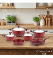 ARZU ÇELİK 10 Parça Granit Set Çelik Kapak - Kırmızı