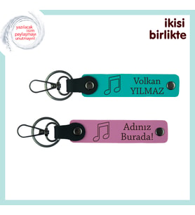 Aynı Melodiyi Paylaşan Çiftlere, Kişisel İsim Yazılabilir Deri Anahtarlık Seti, Koyu Turkuaz-Pembe