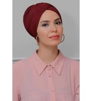 Bordo Pratik Hazır Geçmeli Tesettür Bone Fukuro Piliseli Çapraz Büzgülü 1822_16