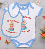 BK Kids Ep İsterim Tasarımlı Mavi Bebek Body Zıbın ve Mama Önlüğü Hediye Seti-5
