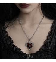 Gotik Kırmızı Kalp Haç Detaylı Kolye Unisex Metal Zincir