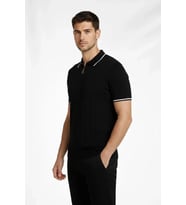 pilelistore- Erkek Fermuarlı Yaka Fitilli Triko Kısa Kollu Regular Fit Tişört T-shirt - Siyah