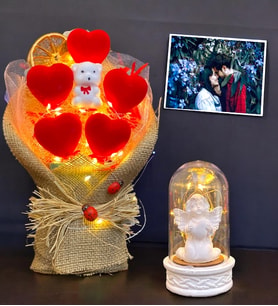 Kişiye Özel Fotoğraflı Hediye Seti  Led Işıklı Kalp Buketi & Işıklı Beyaz Melekli Fanus