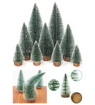 Yeni Yıl Dekoru Kar Efektli 9 Adet Yılbaşı Mini Çam Ağaçları Seti Doğal Ahşap Tabanlı 8 - 12 - 15 CM (Yeşil)