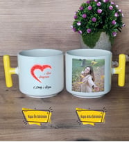 Sevgiliye Hediye Kupa Bardak Fotoğraflı T Sarı Kulplu Sevgililer Günü Hediyesi