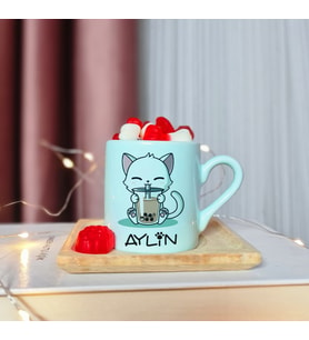 Kedi Tasarımlı Kişiye Özel Yeşil Türk Kahvesi Fincanı