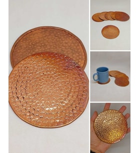 Dekoratif Otantik El Yapımı Yuvarlak Desen Bakır Bardak Altlığı 6'lı Set