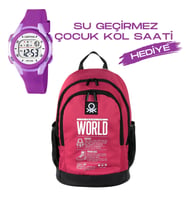 Çocuk Kol Saati Hediyeli Benetton Büyük Kapasiteli Çocuk Okul Çantası B.NT.03834 (Kırmızı)