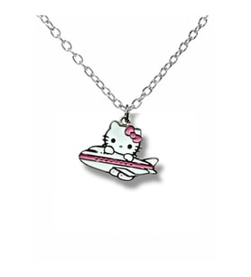 Hello Kitty Pembe Uçak Figürlü Kolye – 60 cm Zincirli Sevimli ve Renkli Unisex Takı (Gümüş)