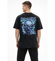 Erkek Asit Yıkamalı Oversize Tişört Future Worlds Baskılı Bisiklet Yaka Kısa Kollu Streetwear %100 Pamuk Street Style T-Shirt - Siyah
