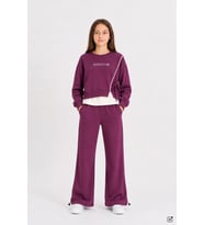 Bordo Kız Çocuk Garnili Sweatshirt Lastikli Paça Eşofmanlı 2li Alt Üst Takım 24768