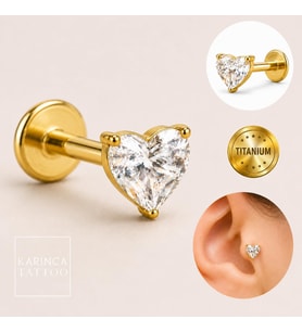 Kalp Taşlı Altın Rengi Gold Titanium Piercing Forward Helix Flat Conch Kulak Memesi Tragus Küpe
