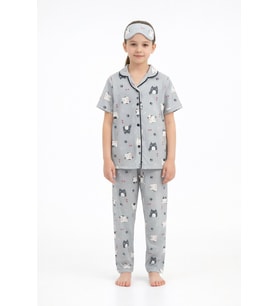 Gri Kedi Desenli Düğmeli Kısa Kol Kız Çocuk Göz Bantlı Pijama Takımı 23818