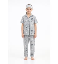 Gri Kedi Desenli Düğmeli Kısa Kol Kız Çocuk Göz Bantlı Pijama Takımı 23818