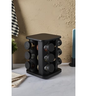 Siyah Döner Standlı Kare Cam Siyah Kapaklı Casa Black 12`li Standlı Baharatlık Seti