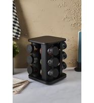 Siyah Döner Standlı Kare Cam Siyah Kapaklı Casa Black 12`li Standlı Baharatlık Seti