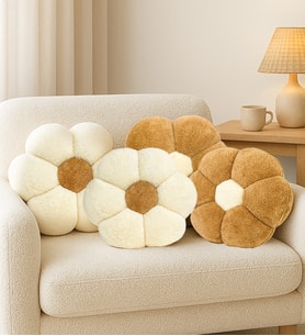 Pandamkee 4'lü Dekoratif Papatya Şeklinde Peluş Yastık 40 cm – Yumuşak ve Konforlu Tasarım (Açık Kahve-Ekru)
