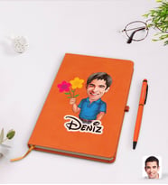 BK Gift Kişiye Özel Erkek Karikatürlü Turuncu Termo Deri Defter Kalem Seti Model 1