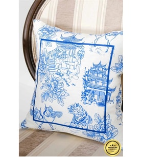 Festival Baskılı Kumaş Kreme Mavi Kırlent Kılıfı 45x45 Cm - 1439