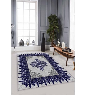 Lacivert Klasik Göbekli Kaymaz Tabanlı Dekoratif Halı MK36 - 100 x 160 cm