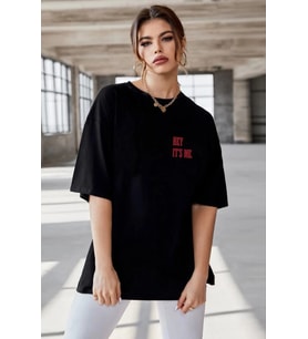Kadın Baskılı T-Shirt Kısa Kol Bisiklet Yaka Oversize Rahat Kalıp Tişört - Siyah