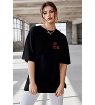 Kadın Baskılı T-Shirt Kısa Kol Bisiklet Yaka Oversize Rahat Kalıp Tişört - Siyah