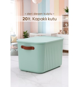 Kulplu Mint Yeşili Dolap Düzenleyici 20 Lt Kapaklı Saklama Kutusu Sepet Oyuncak Kutusu Organizer