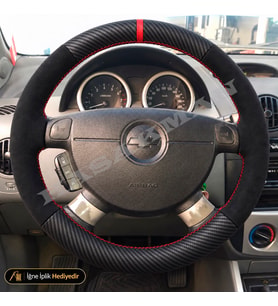 Chevrolet Kalos Dikme Direksiyon Kılıfı Alcantara Süet Mat Karbon Kırmızı Yüzük ve Dikiş HB-Sedan-SX 2004-2008