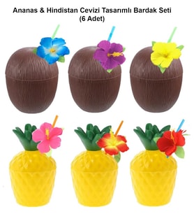 Ananas Hindistan Cevizi Tasarımlı Pipetli Bardak Seti (6 Adet)