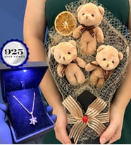 Işıklı Kutusunda 925 Ayar Gümüş Lotus Kolye ve Büyük Boy Peluş Ayıcık Buketi (Model 5)