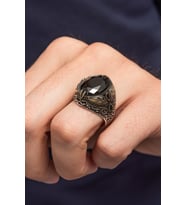 Oval Siyah Taşlı Yaprak Desen 925 Erkek Gümüş Yüzük