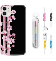 Apple iPhone 11 12 13 Mini Kılıf Kablo Koruma Spiral Silikon Pink Flowers 3 1393