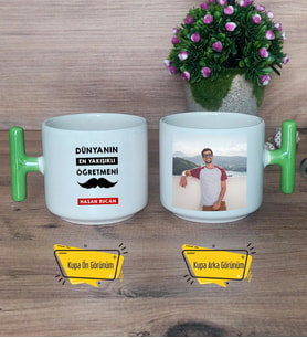 Erkek Öğretmene Hediye Kupa Bardak Fotoğraflı T Yeşil Kulplu Öğretmenler Günü Hediyesi