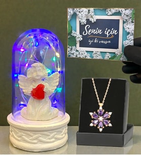 Renkli Led Işıklı Tasarım Fanus ve Gerçek Ametist Taşlı Lotus Kolye (Model 7)