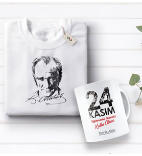 BK Gift Kişiye Özel Öğretmenler Günü Tasarımlı Kupa Bardak ve Atatürk Baskılı Tişört Hediye Seti- 2-10, Öğretmene Hediye, Öğretmenler Günü, 100. Yıl Hediyesi