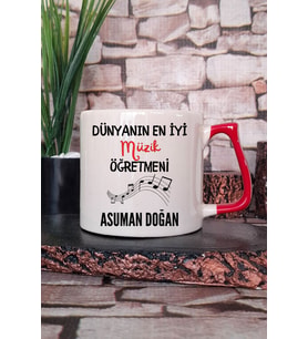 Dünyanın En İyi Müzik Öğretmeni Baskılı Kişiye Özel Öğretmenler Günü Kırmızı Kulplu Kupa Bardak