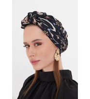 Siyah Pratik Hazır Geçmeli Tesettür Bone Kesik Elyaf Retro Desenli 2409_01
