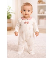 Kız Bebek Önden Çıtçıtlı Fiyonk Detaylı Mantar Baskılı Ayaklı Tulum 0-3 Ay - KREM / 0-1 ay