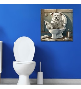 Tekli Kare Kanvas Banyo Tablosu Gazete Okuyan Terrier Köpek