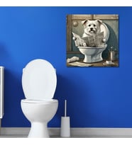 Tekli Kare Kanvas Banyo Tablosu Gazete Okuyan Terrier Köpek