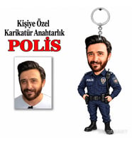 Kişiye Polis Karikatür Anahtarlık Karikatürlü Kişiye Özel Karikatürlü 8 cm MDF Anahtarlık - Polise Hediye Polis Hediyesi