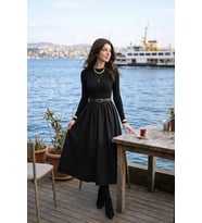Kemerli Bisiklet Yaka Uzun Elbise