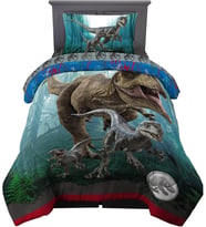 World Dominion Mavi Velociraptor ve Rexy T-Rex Süper Yumuşak Mikrofiber Ters Çevrilebilir Yorgan, Çift Boy, Franco Kids'den Yatak Takımı