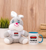 Kişiye Özel Vosvos Minibüs Tasarımlı Peluş Tavşan ve Mavi Kupa
