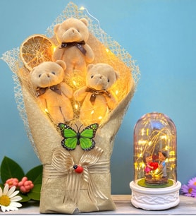 Led Işıklı Büyük Boy Peluş Ayıcık Buketi ve Led Işıklı Biblolu Fanus Hediye Seti (Model 4)