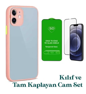 Apple iPhone 12 Uyumlu Montreal Kılıf Ve Tam Kaplayan Cam Set (Pembe)