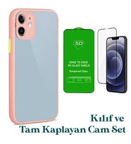 Apple iPhone 12 Uyumlu Montreal Kılıf Ve Tam Kaplayan Cam Set (Pembe)