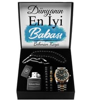 Babalar Gününe Özel Tasarım Kutu & Metal Kordonlu Siyah Kadran Saat & İkili Bileklik & Kişiye Özel Çakmak & Tesbih Seti
